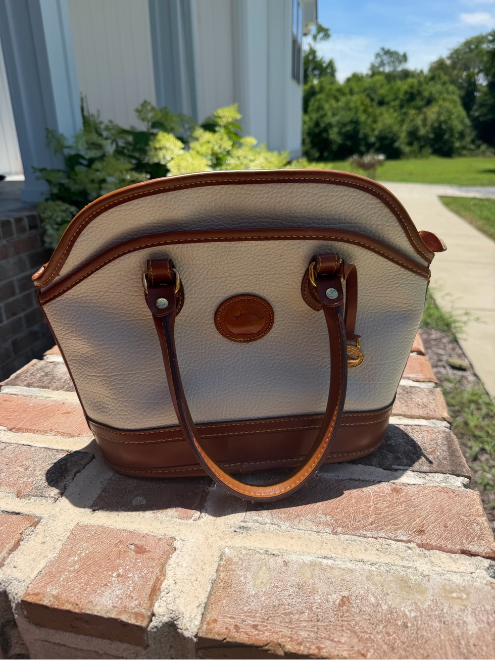 Vintage Dooney & Bourke Cream and Brown Leather-Trim Purse